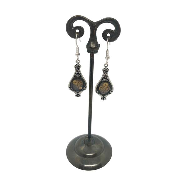 Silver Plate Earrings Watch Gear Part Victorian Academia Steampunk French Hook - Picture 1 of 1